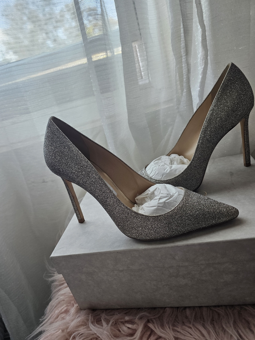 Jimmy Choo Silver Glitter Pointed Toe Stiletto Pumps